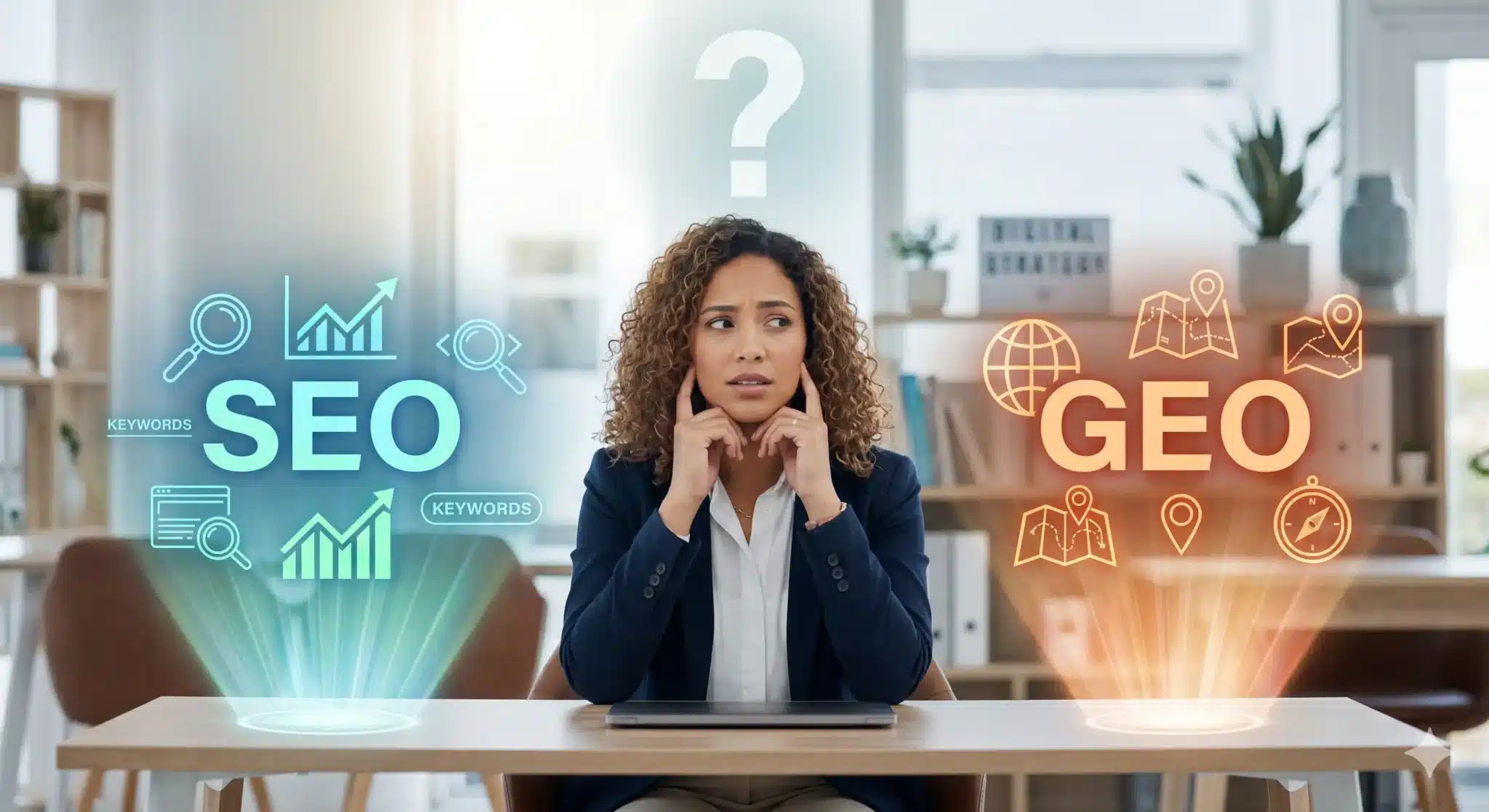 chica preguntándose si: ¿SEO o GEO?